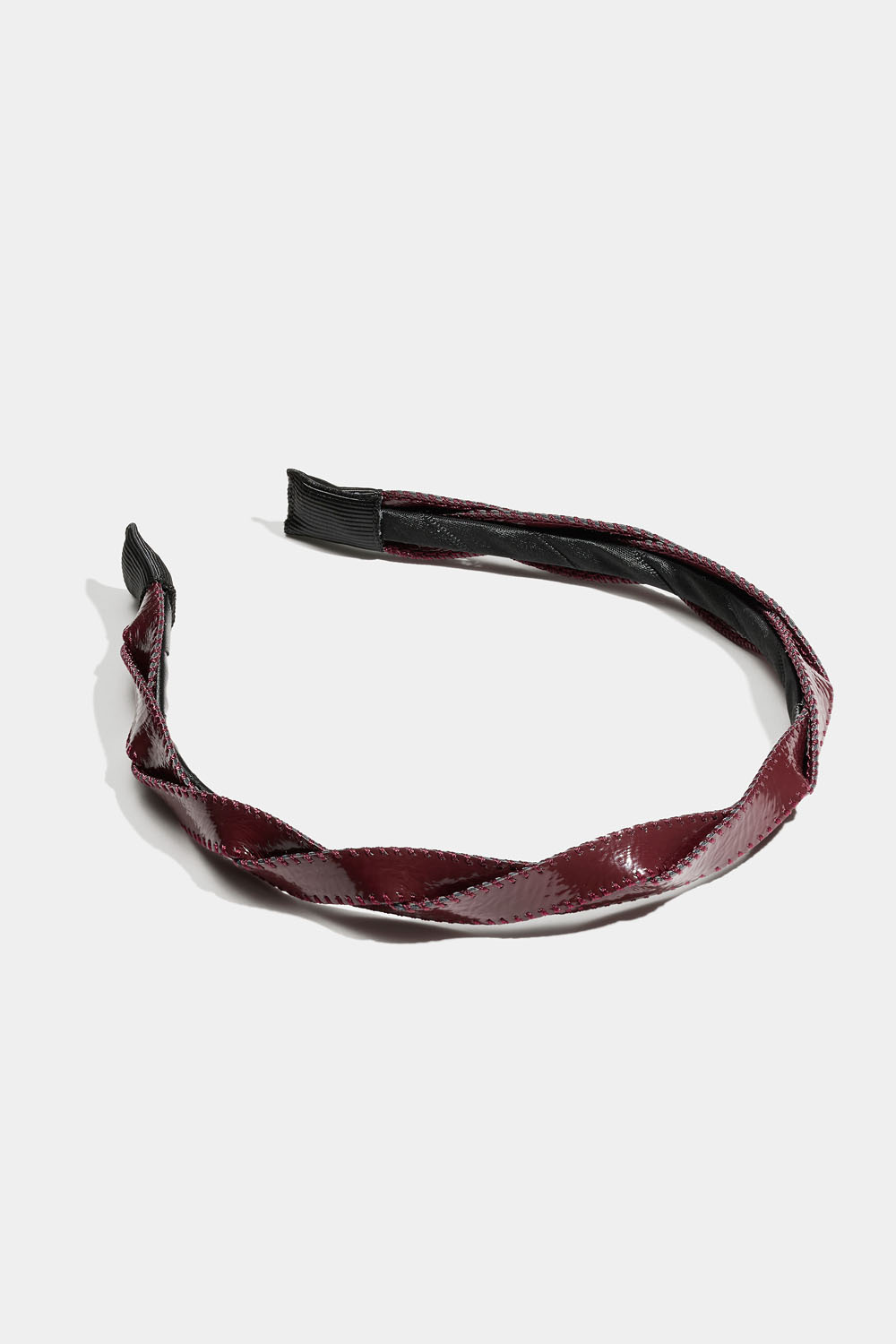 Vinrød hårbøjle med snoet bånd