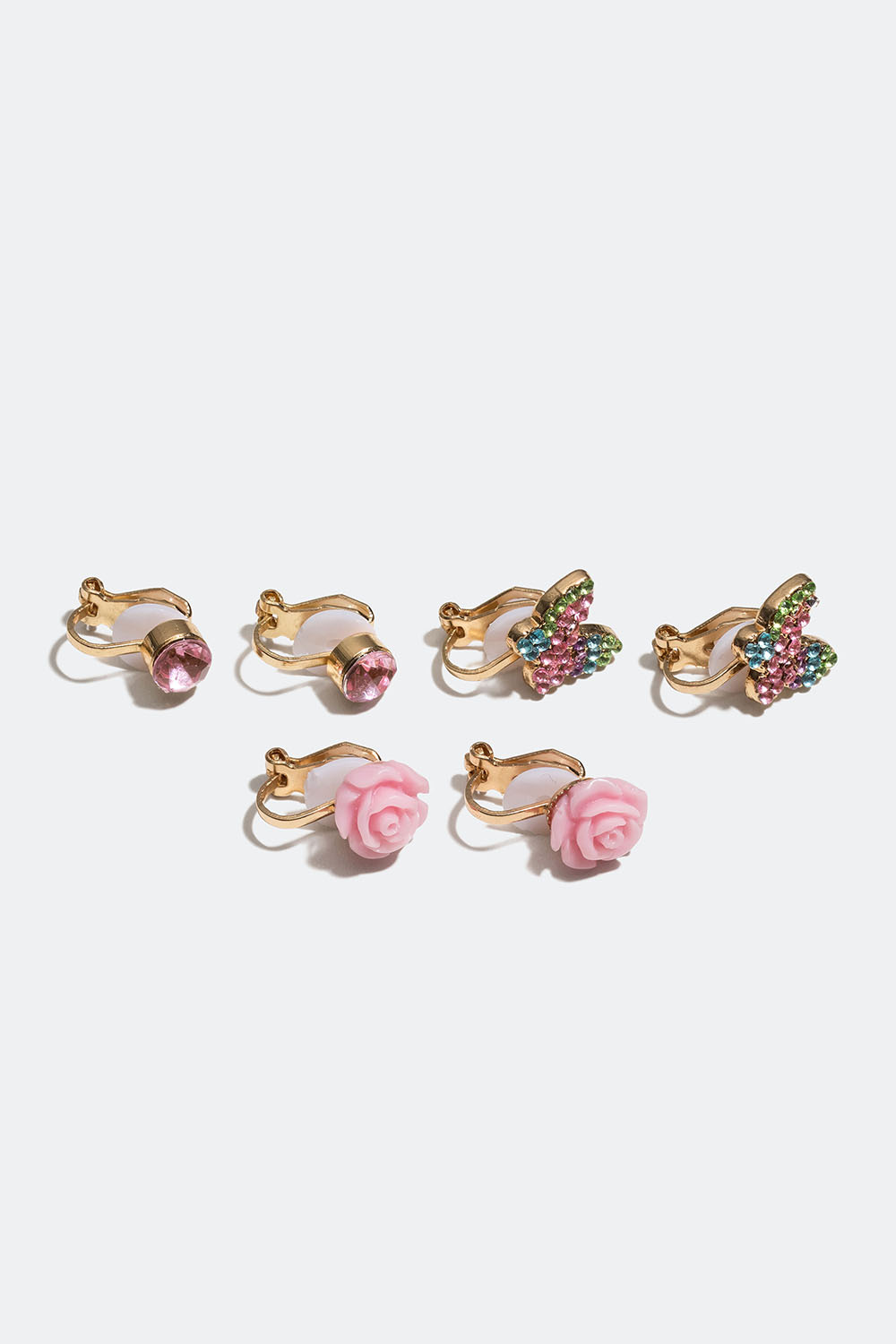 Clipsøreringe med lyserøde glassten, blomster og sommerfugle, 3-pak