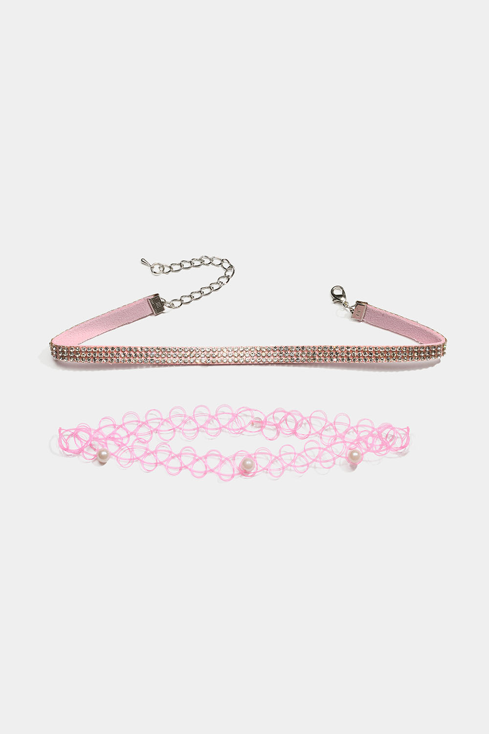 Lyserød choker-halskæde med perler og rhinsten, 2-pak