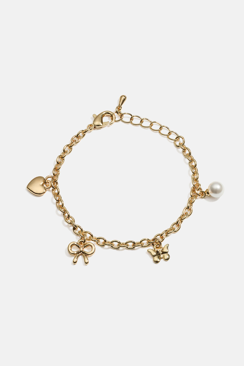 Guldfarvet børnearmbånd med hjerter, sløjfe og sommerfugl