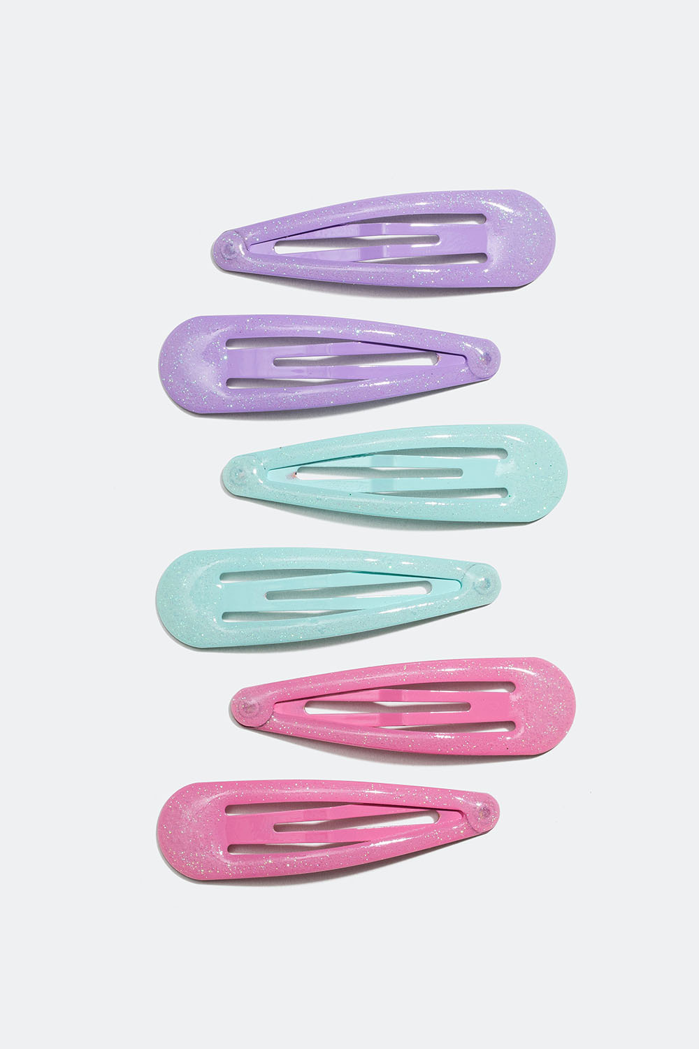 Glitrende hårspænder i lilla, pink og grøn, 6-pak