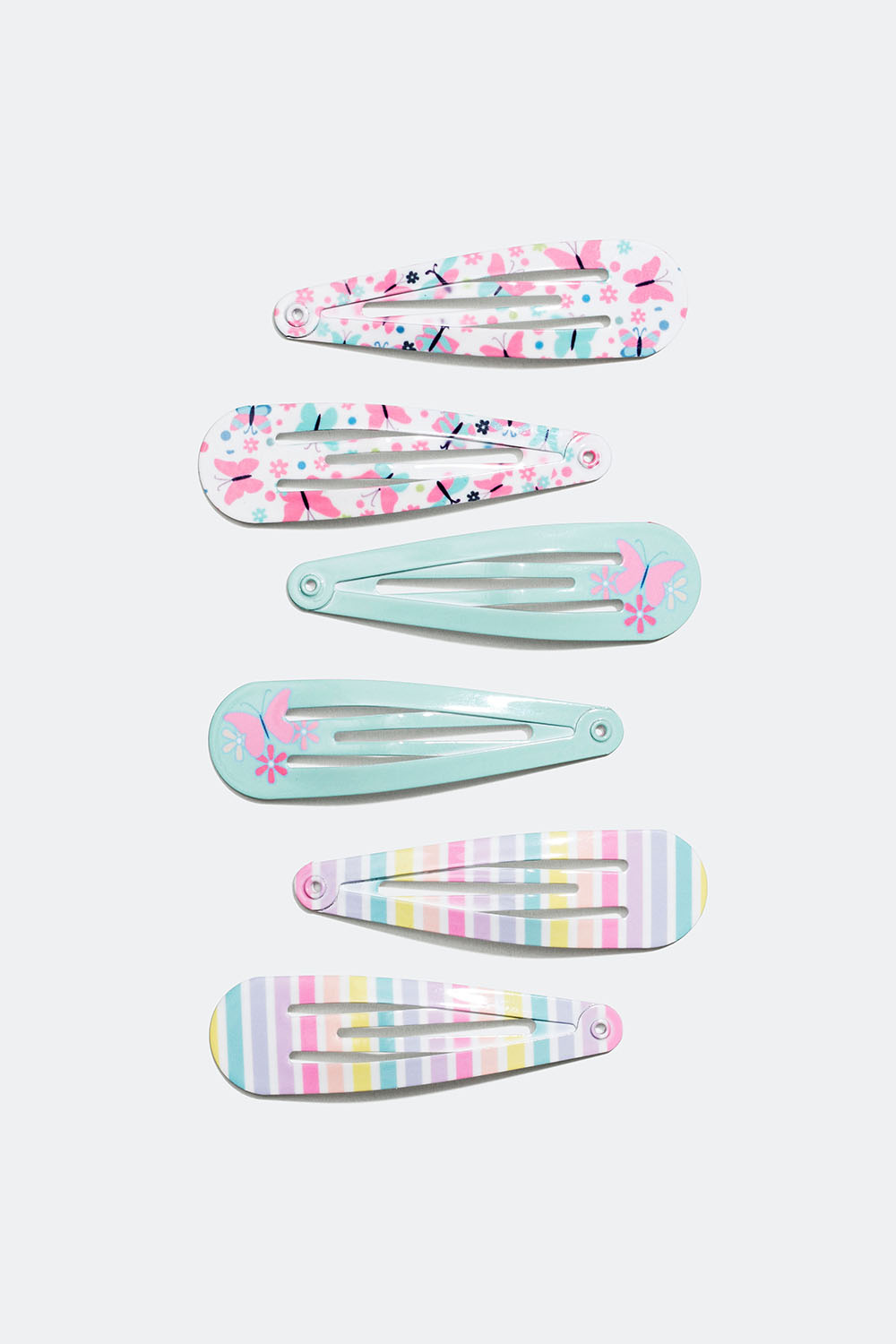 Hårspænder med stribet mønster og sommerfugle, 6-pak