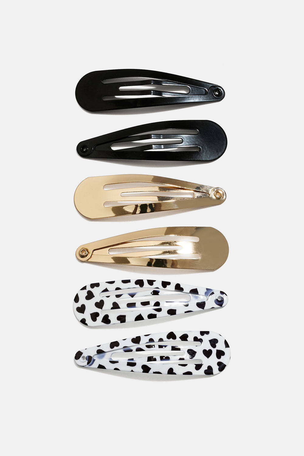 Hårspænder i sort, guld og hjertemønster, 6-pak