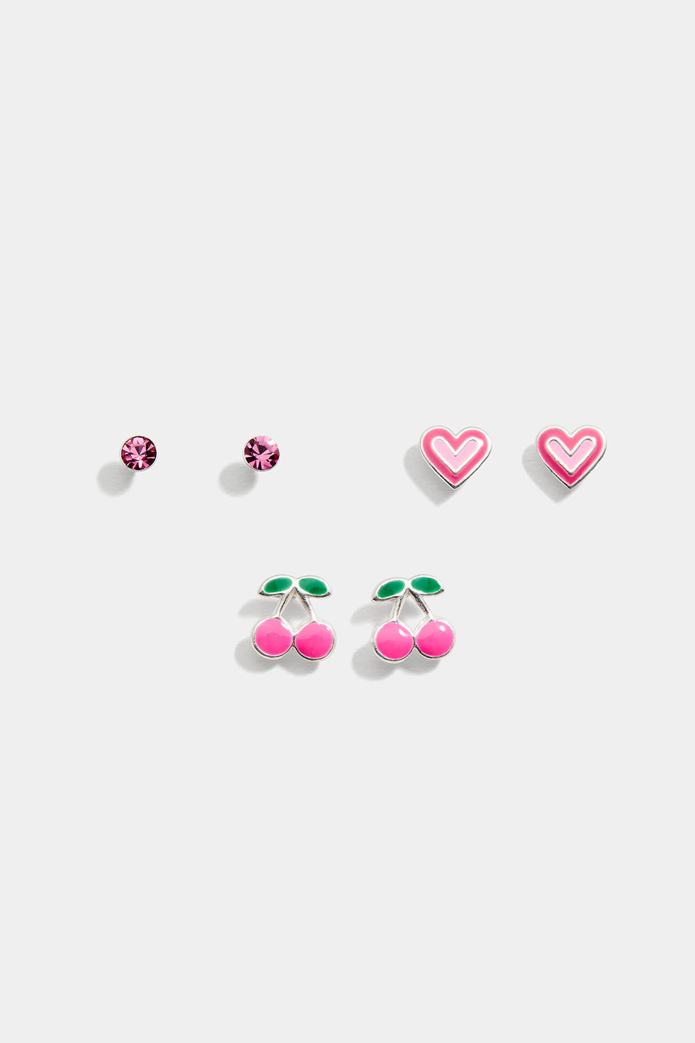 Tre par ægte sølvøreringe med lyserøde sten, hjerter og kirsebær