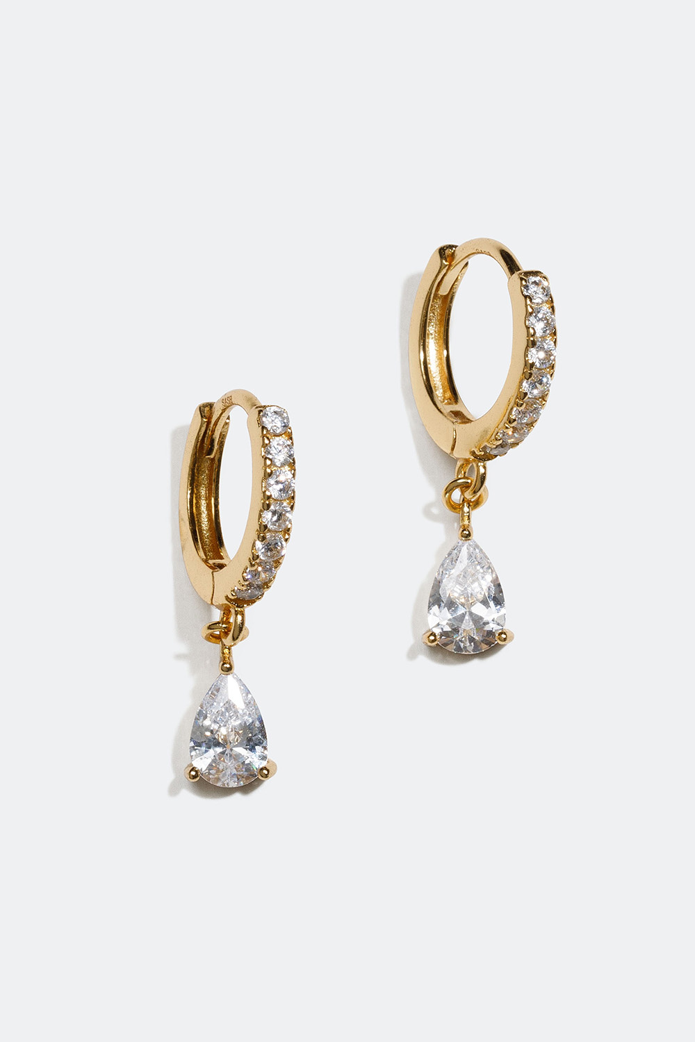 Mini-hoops forgyldt med 18 kt. guld med hvide dråbeformede sten