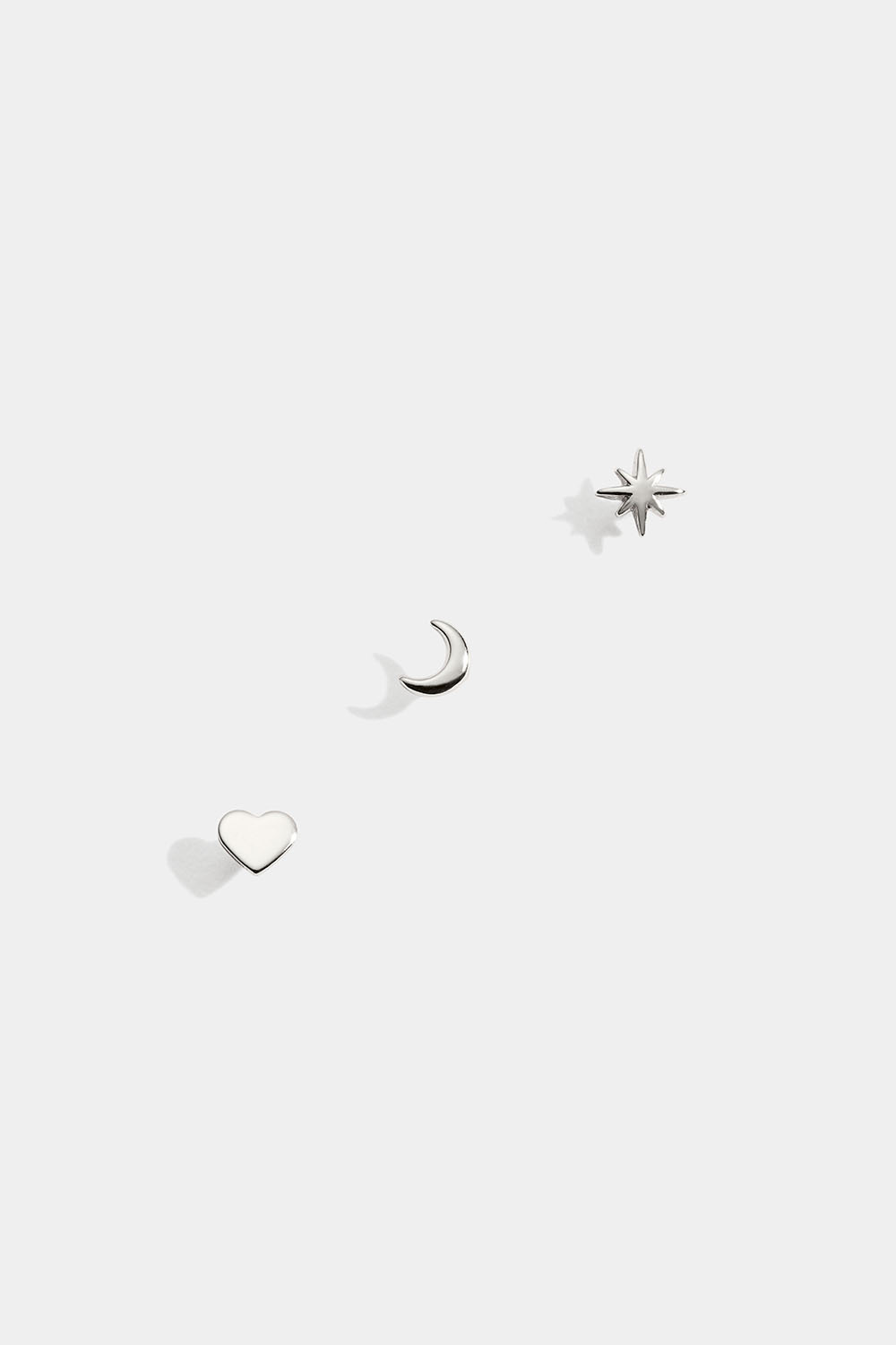 Miniørestikker i ægte sølv, stjerne, måne og hjerte